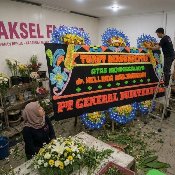 Perangkai mengerjakan papan bunga dukacita dengan mahkota enam